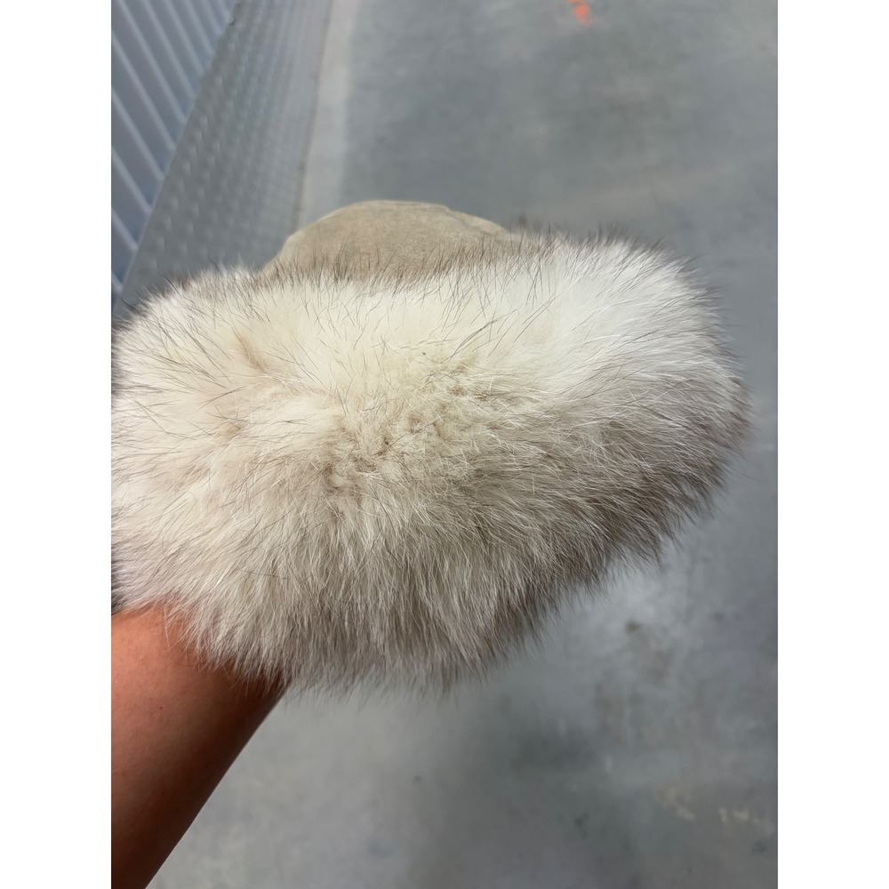 Vintage 80s Genuine Fur and Leather Pillbox Hat Tan Cream Winter Cap 8 Inch